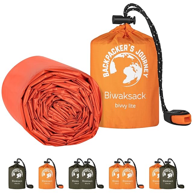 Funda de vivac de emergencia naranja de Backpacker’s Journey, vendida en pack de dos