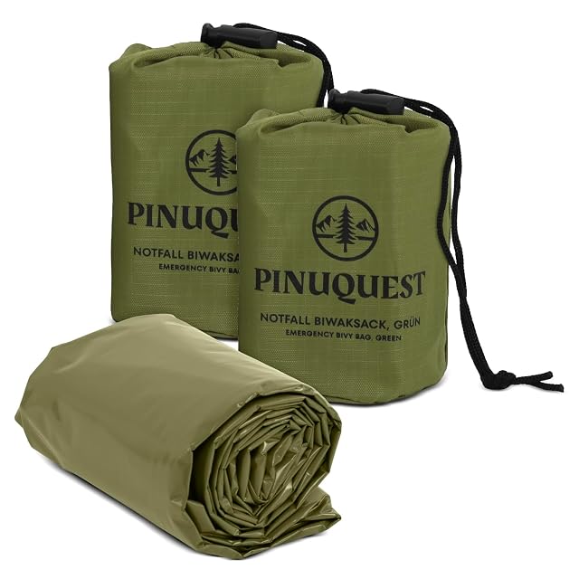 Funda de vivac de emergencia PINUQUEST en verde y naranja, vendida en pack de dos