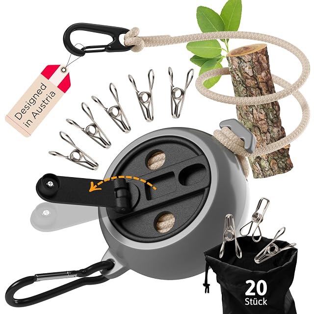 Tendedero de camping AUTDOOR de manivela con pinzas de acero inoxidable y una bolsa de tela