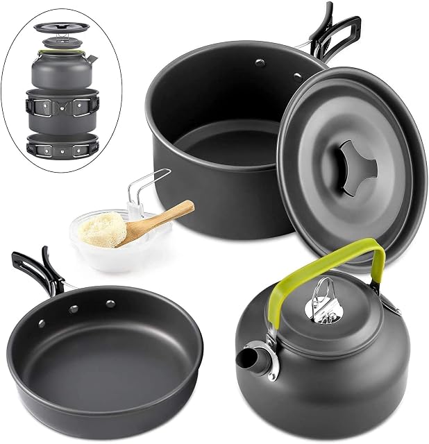 Kit de menaje de camping de aluminio Queta de diez piezas con olla, sartén, hervidor y cuencos