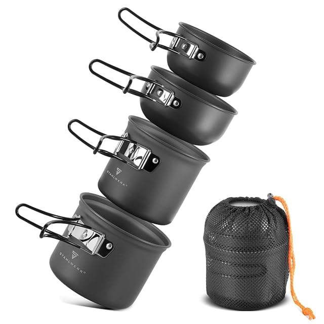 Juego de cuatro ollas de camping de aluminio STAHLWERK con tapas que hacen de sartén