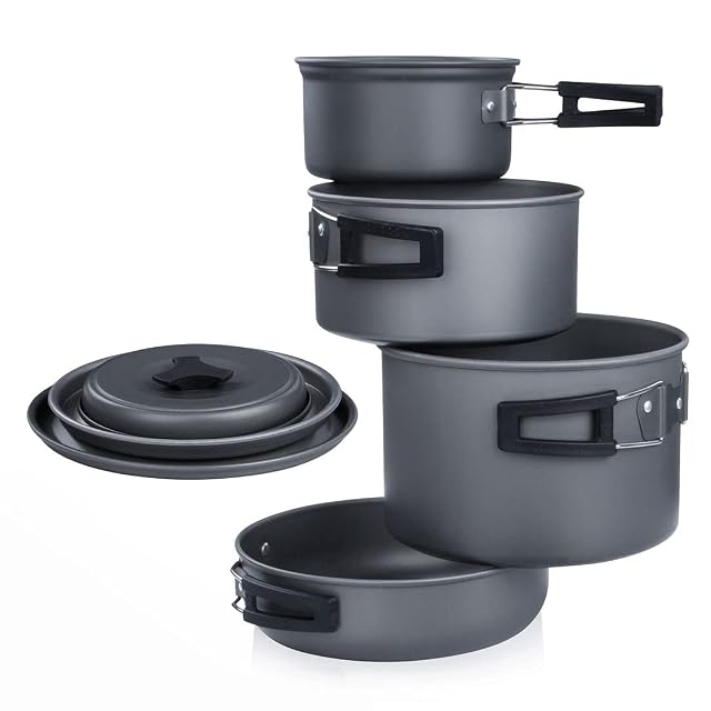Juego de siete ollas de camping de aluminio anodizado duro yourGEAR Ranger V con tapas