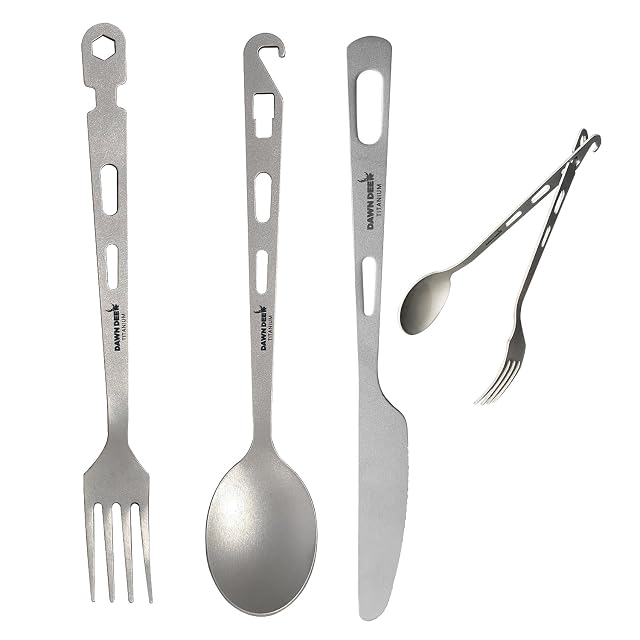 Cuchillo, tenedor y cuchara de titanio Dawn Deer con los mangos arenados