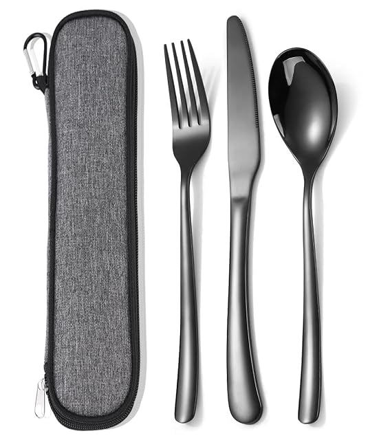 Cuchillo, tenedor y cuchara de acero inoxidable MURRI&MURRDI con su estuche negro