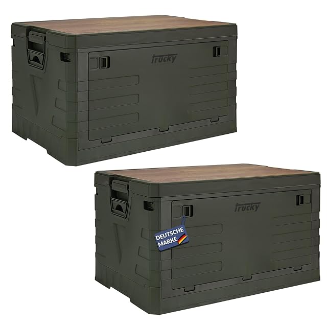 Caja de camping plegable Trucky con inserto de tapa en diseño madera y trampilla frontal abatible