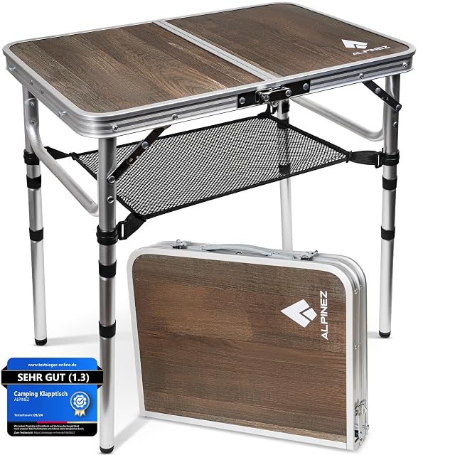 Mesa de camping plegable ALPINEZ con tablero de MDF, patas de aluminio y balda de malla