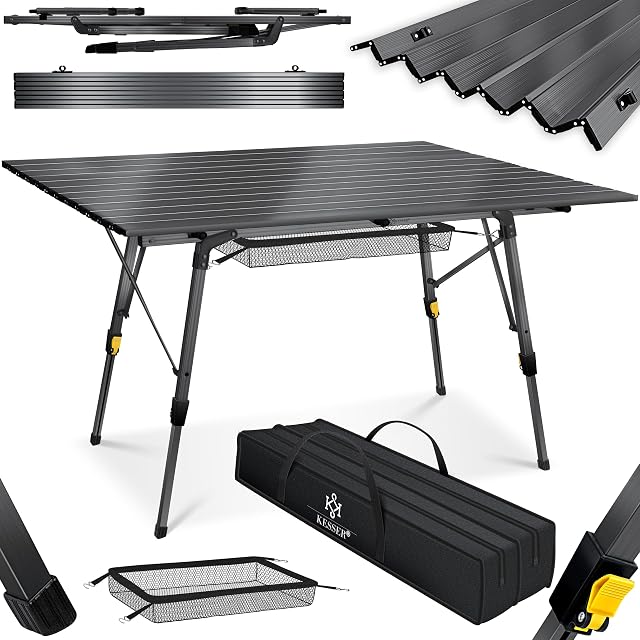 Mesa de camping plegable KESSER con bastidor de aluminio y tablero enrollable de listones