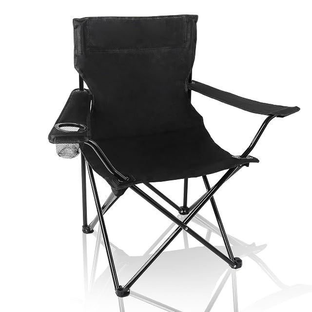 Silla de camping plegable CALIYO en tejido oscuro con bolsillo lateral de malla para bebidas