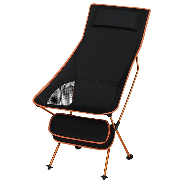 Silla de camping plegable eSituro negra y naranja con respaldo alto de malla y cojín de cabeza