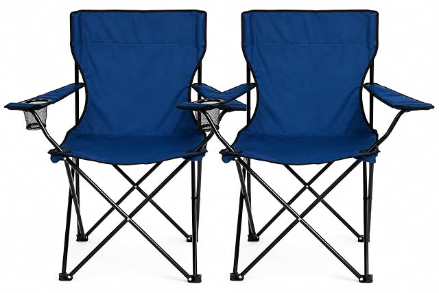 Sillas de camping plegables Nexos azules vendidas por pares, cada una con portabebidas en el reposabrazos
