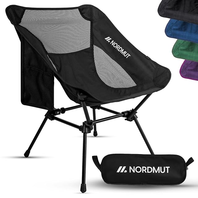 Silla de camping plegable NORDMUT negra con bastidor de aluminio y bolsa de transporte