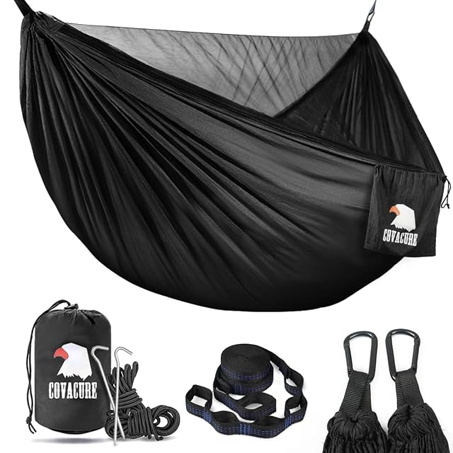 Hamaca de acampada de extremos recogidos COVACURE con mosquitera integrada y cintas para árbol