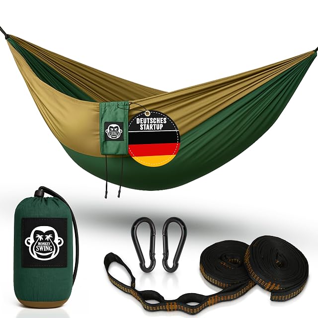 Hamaca de acampada ultraligera Monkey Swing verde y caqui con cintas de alta resistencia