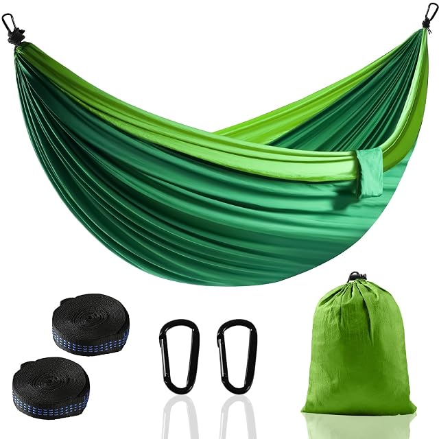 Hamaca de acampada Zouway verde oscuro en nailon de paracaídas con cintas para árbol