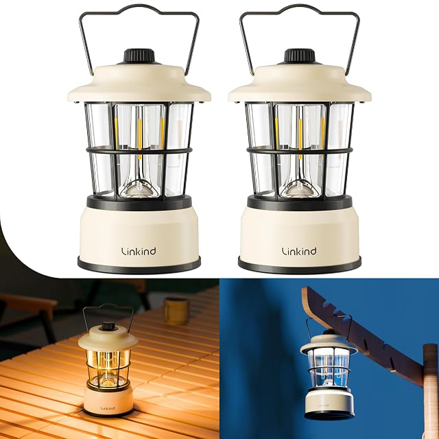 Farol de camping retro Linkind CL1 con filamento central y asa de transporte, vendido en pack de dos