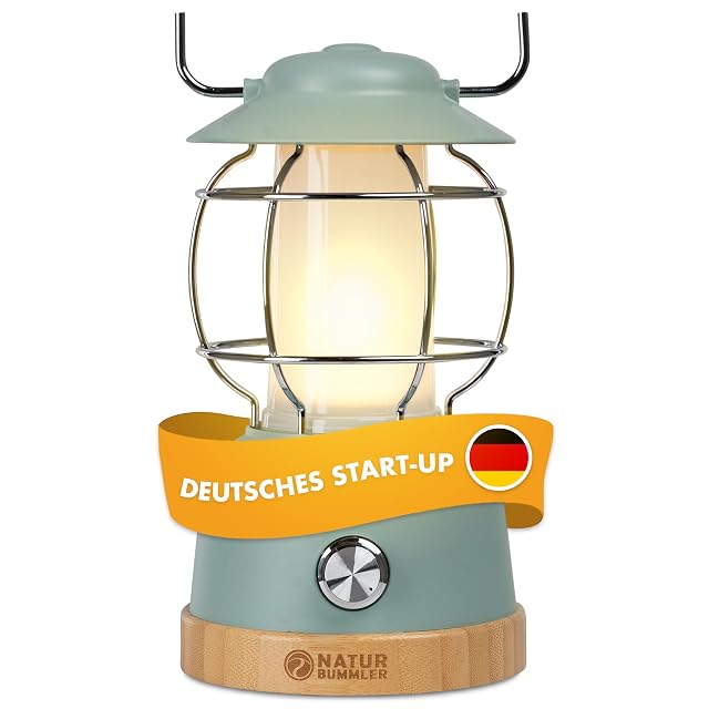 Farol de camping recargable NATURBUMMLER con cuerpo de acero inoxidable y base de bambú