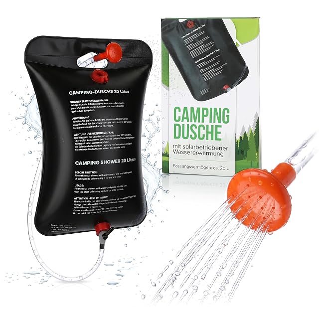 Bolsa de ducha solar de camping Aqualand negra de 20 litros con manguera y rociador
