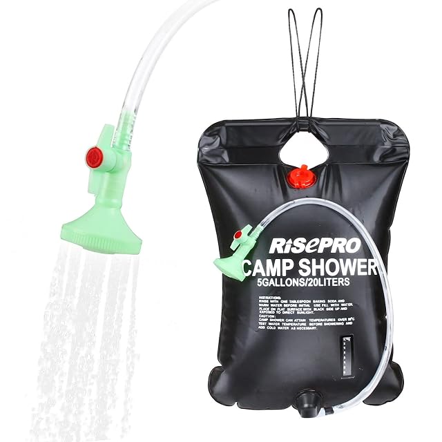 Bolsa de ducha solar RISEPRO negra de 20 litros con tira indicadora de temperatura y rociador
