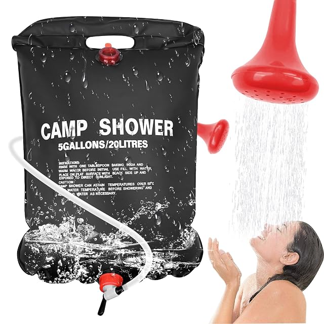 Bolsa de ducha solar de camping Traxenta de PVC negro de 20 litros con manguera desmontable