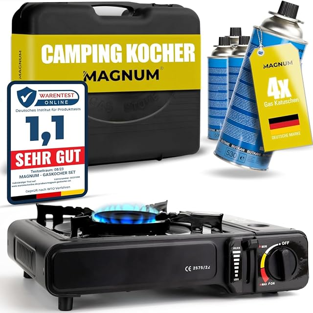 Hornillo de gas de camping de un fuego Magnum con cartuchos de butano