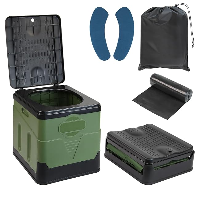 Inodoro de camping plegable Montafox en verde y negro, con forma de cubo, con bolsas higiénicas