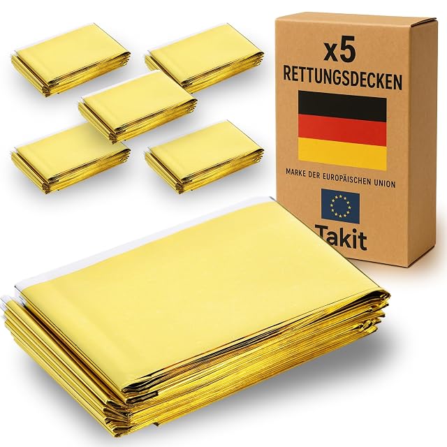 Paquete Takit de cinco mantas térmicas de Mylar doradas y grises, plegadas