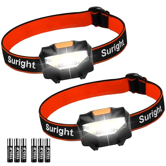 Linterna frontal LED COB Suright con cinta elástica, vendida en pack de dos