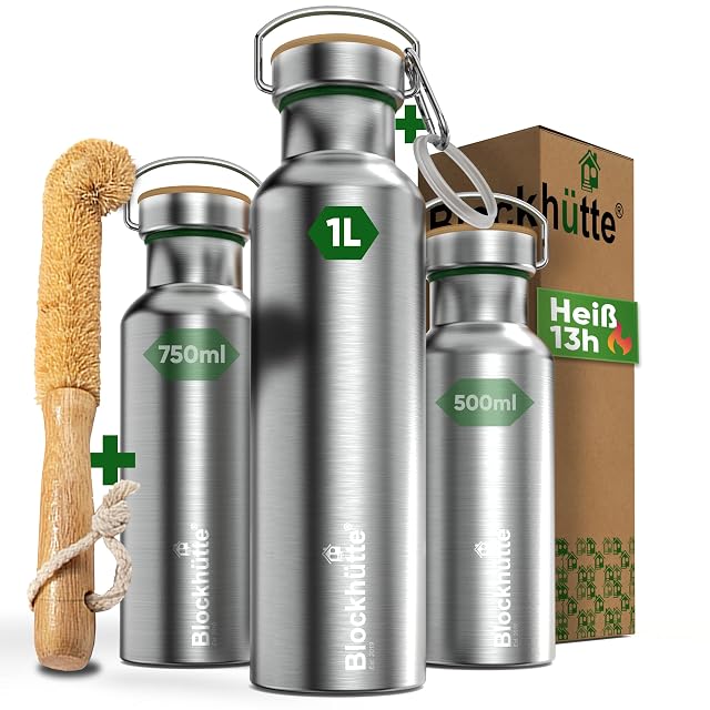 Botella térmica de acero inoxidable Blockhutte de un litro con su cepillo de limpieza de cerdas naturales