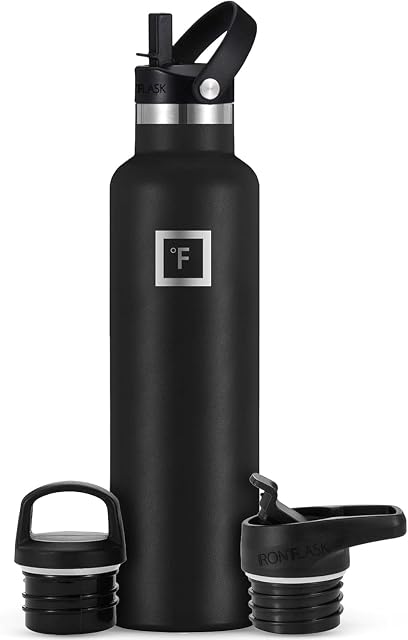 Botella de acero inoxidable IRON FLASK negra con recubrimiento en polvo y tres tapas intercambiables
