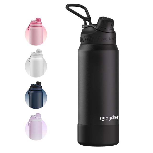 Botella térmica de acero inoxidable magcheer de un litro en negro con asa de transporte