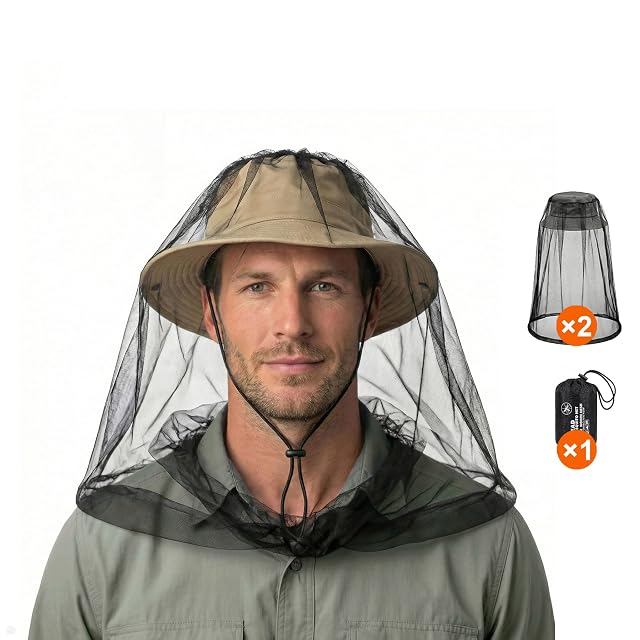 Mosquitera de cabeza iParaAiluRy negra sobredimensionada puesta sobre un sombrero de pescador, con su bolsa de cordón