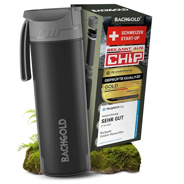 Botella filtrante de agua de montaña BACHGOLD Selfpress negra, de 500 ml