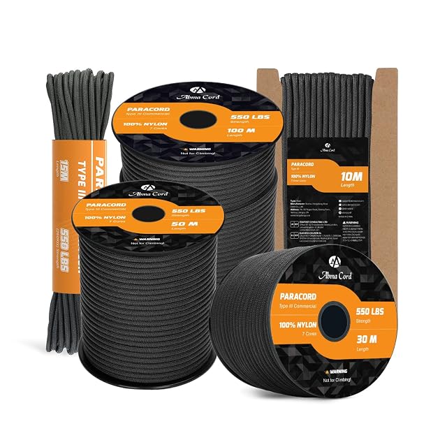 Paracord 550 de tipo III Abma Cord en su funda de cartón, 4 mm de diámetro