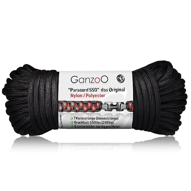 Paracord 550 Ganzoo negro enrollado, de 4 mm de diámetro