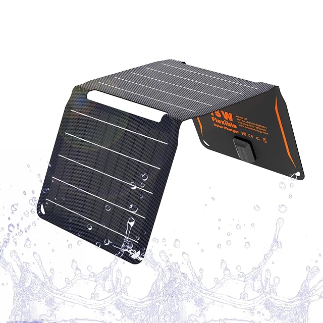 Panel solar plegable FlexSolar de 15 W con hebilla de senderismo y puertos bajo tapa de goma