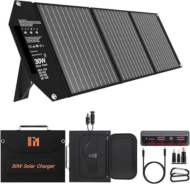 Panel solar plegable Mesuvida de 30 W con salidas MC4, CC y USB y soporte regulable