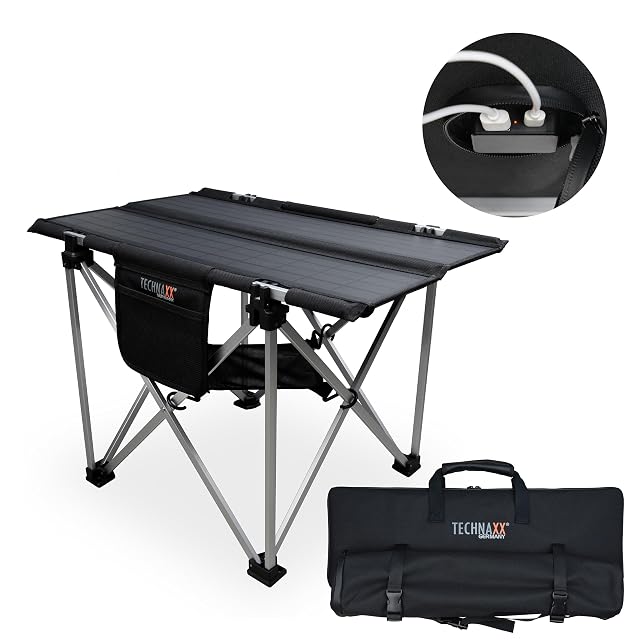 Mesa de camping plegable Technaxx TX-251 con un panel solar de 20 W como tablero
