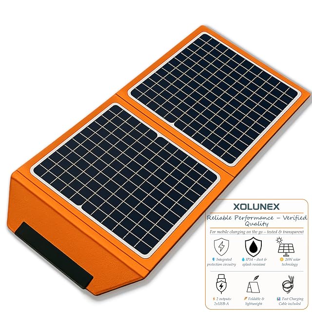 Panel solar plegable Xolunex de 20 W en tejido 900D con dos salidas USB y un cable multipunta