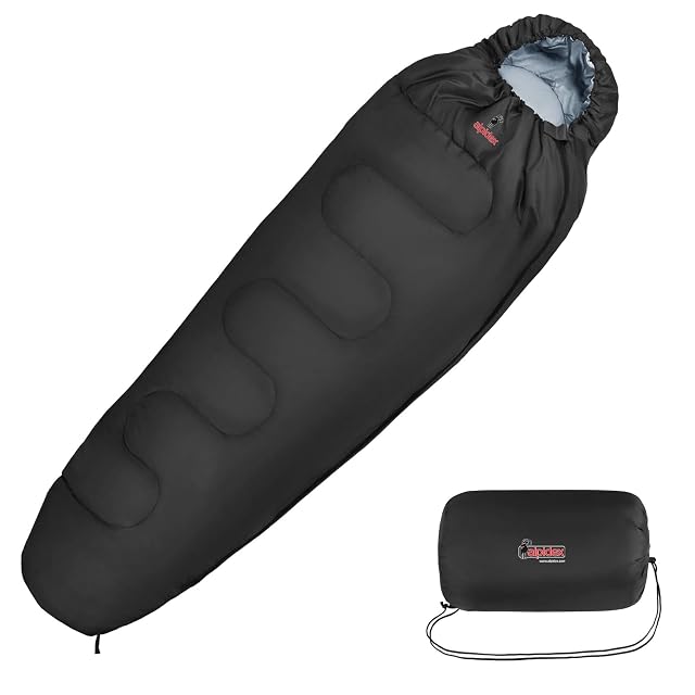 Saco de dormir momia ALPIDEX negro de cuatro estaciones con capucha acolchada y cremallera de doble carro