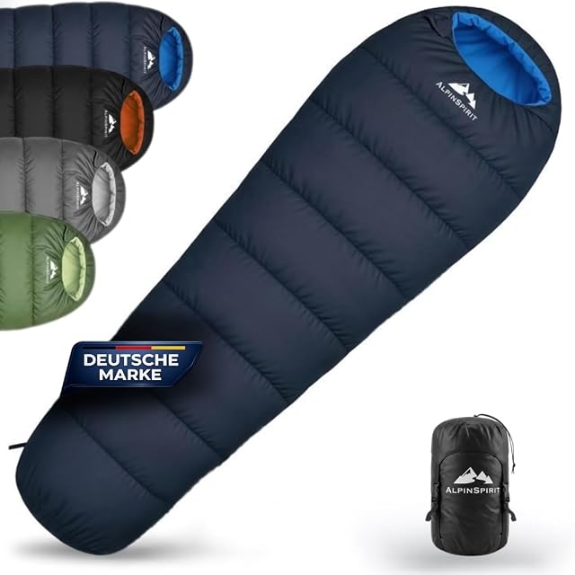 Saco de dormir momia AlpinSpirit azul con correas de compresión y funda de transporte