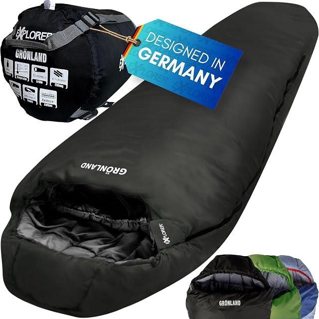Saco de dormir momia EXPLORER GRÖNLAND negro con forro de poliéster Pongee y funda de compresión