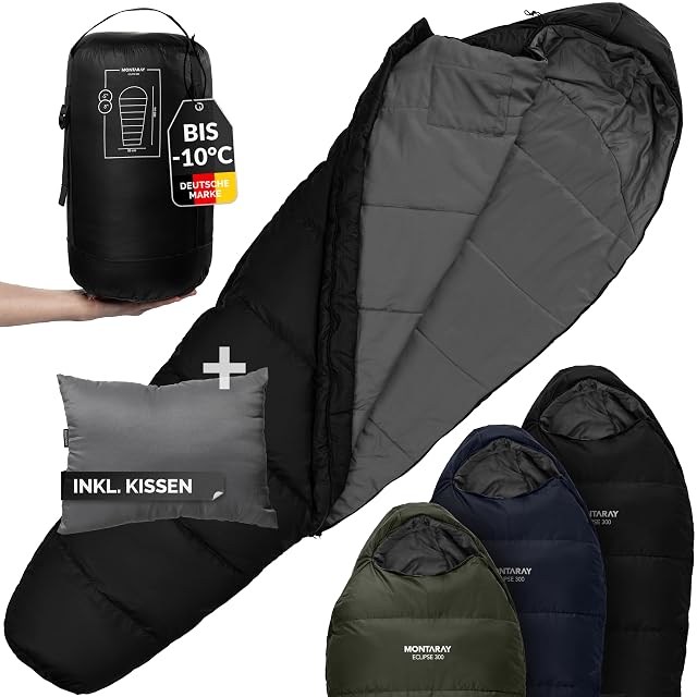 Saco de dormir momia Montaray negro con capucha, cubrecremallera aislada y almohada a juego