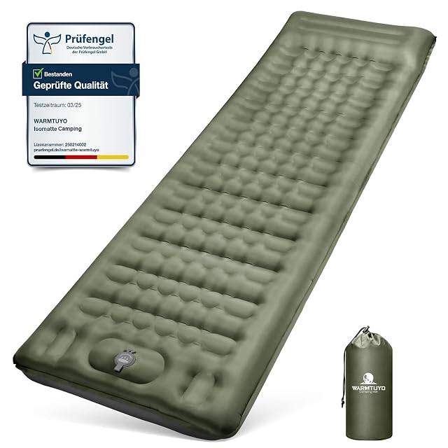 Esterilla hinchable de camping WARMTUYO verde militar con válvula de bomba de pie y almohada blanda integrada