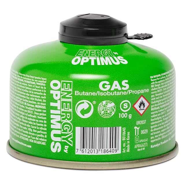 Cartucho de gas de rosca Optimus de 100 g con su tapa protectora de válvula
