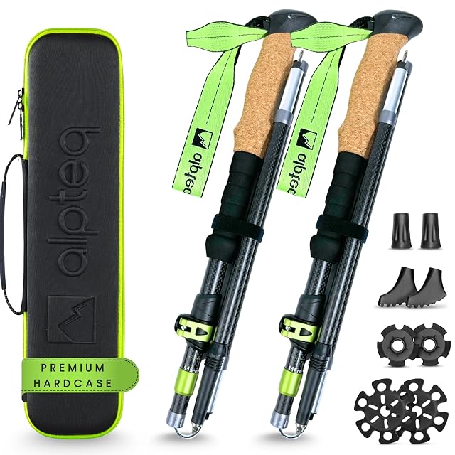 Bastones de trekking plegables de carbono Alpteq en verde lima con puños de corcho