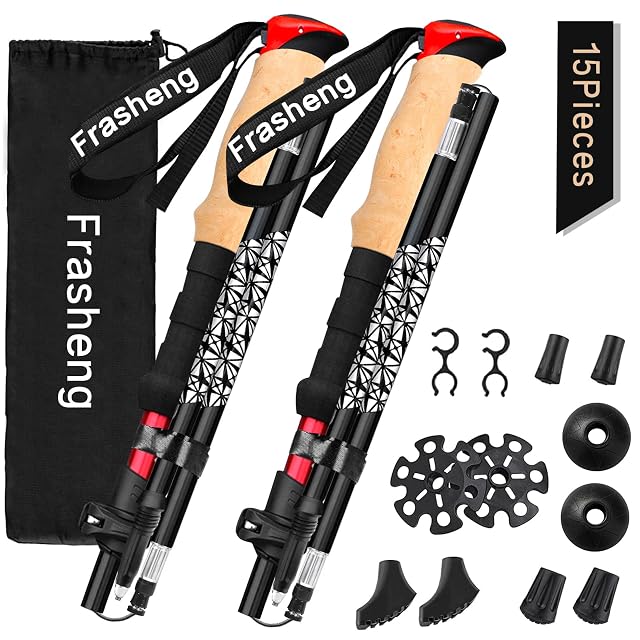 Bastones de trekking telescópicos Frasheng con puños de corcho y accesorios de punta de goma