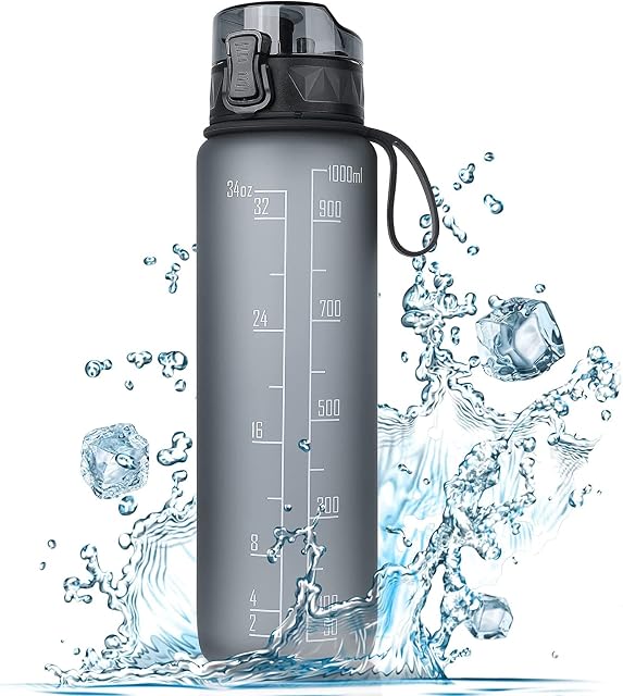Botella de agua deportiva de Tritan de un litro FULDENT con empuñadura de goma y tapa abatible