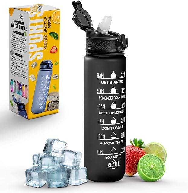 Botella deportiva de Tritan de un litro Roe Tenpo con pajita integrada y marcas de hora