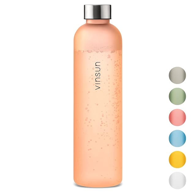Botella de agua de Tritan naranja de un litro Vinsun con tapa de rosca de acero inoxidable